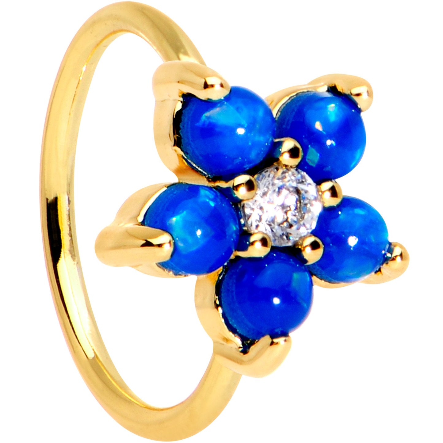 20G Clear CZ Blue Faux Opal Gold Tone Flower Circular Ring