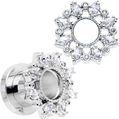 0G Clear Gem Flower Frame Screw Fit Tunnel Plug Set