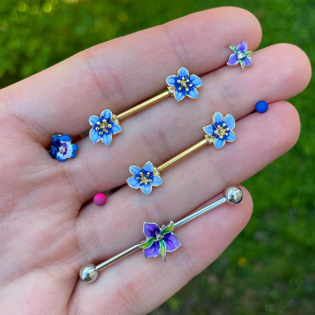 16G 1/4 Clear Gem Exotic Purple Flower Cartilage Tragus Earring