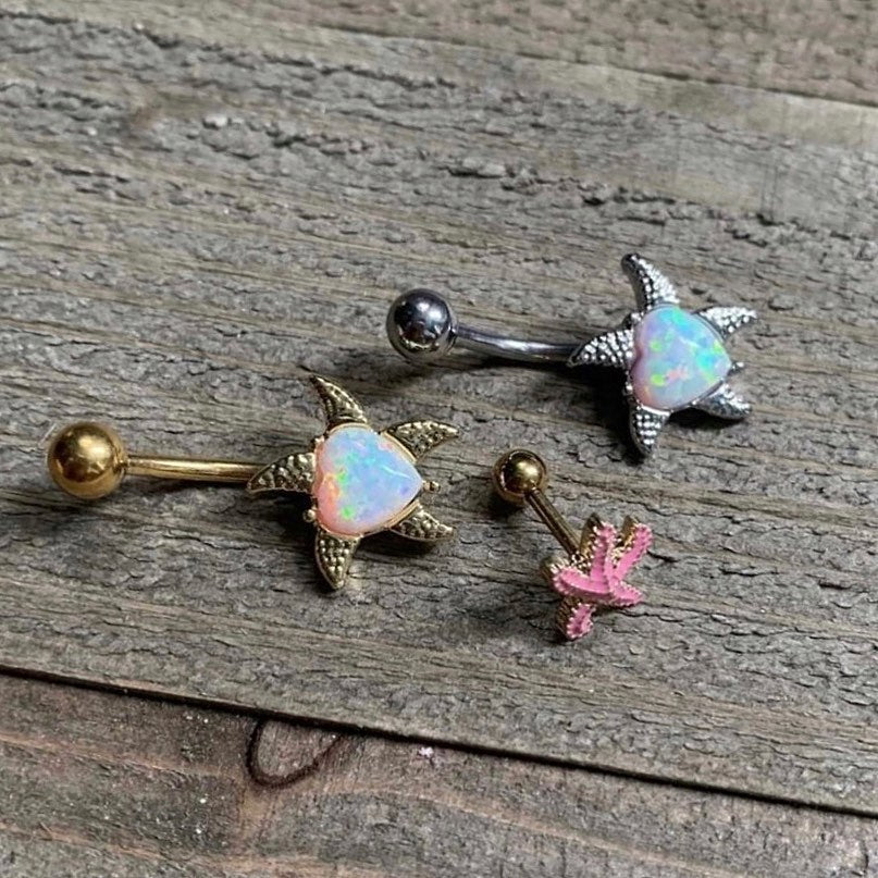 White Synthetic Opal Heart Starfish Nautical Belly Ring