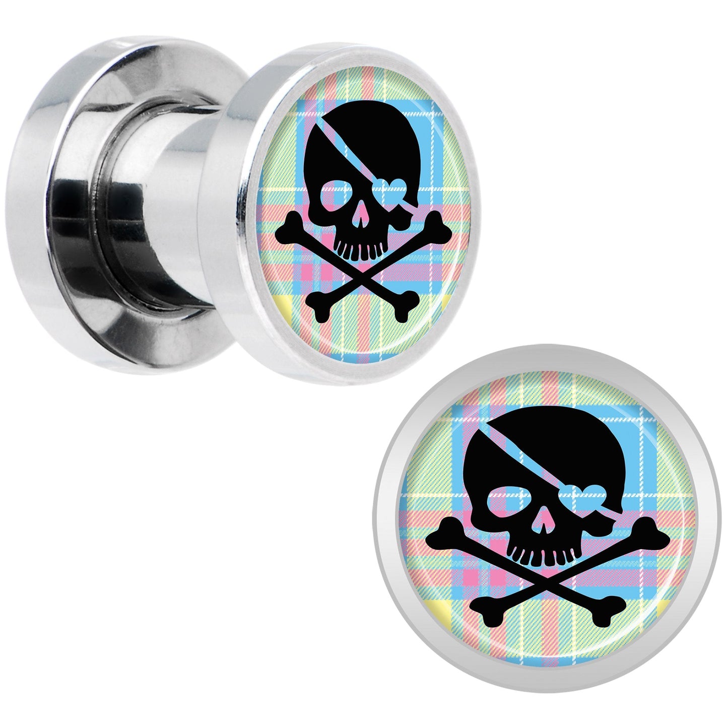 Pink Green Plaid Heart Skull Steel Screw Fit Plug Set 2G