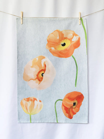 Tea Towel: Peach Poppies on Grey