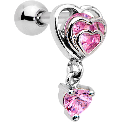16G 1/4 Pink CZ Gem Triple Heart Dangle Cartilage Tragus Earring