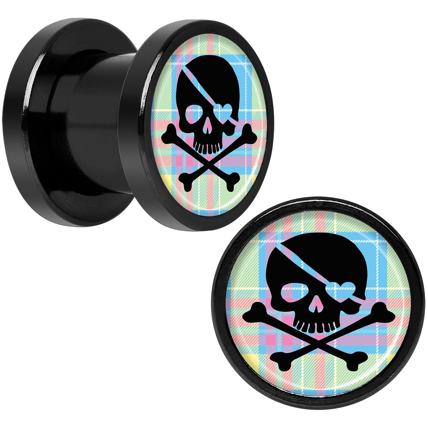 Pink Green Plaid Heart Skull Black Anodized Screw Fit Plug Set 0G