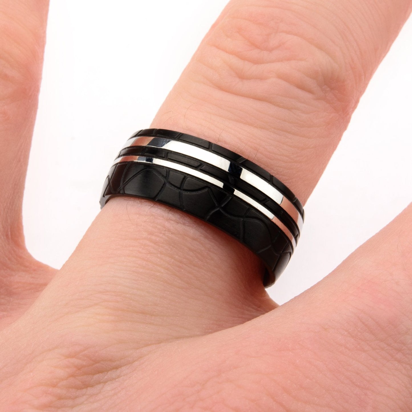 Mens Stainless Steel Black IP Patterned Stainless Steel Ring
