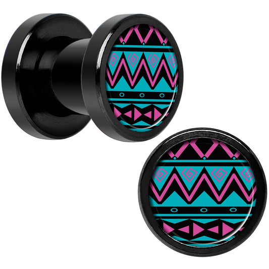 Pink Teal Tribal Print Black Anodized Screw Fit Plug Set 2G