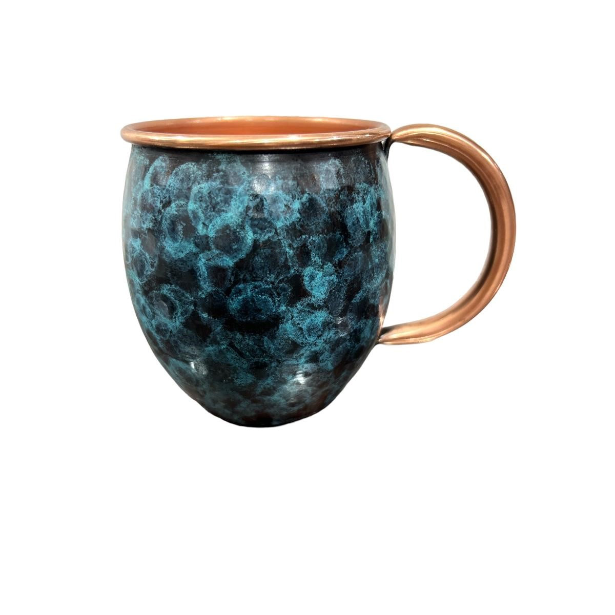Set of Two Copper Barrel Mugs, Hammered and Stained Blue Patina