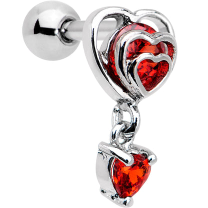 16G 1/4 Red CZ Gem Triple Heart Dangle Cartilage Tragus Earring