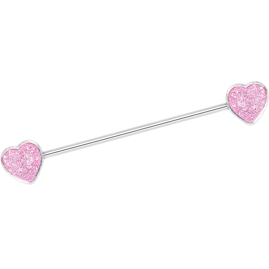 14G Pink Glitter Heart End Industrial Barbell 38mm