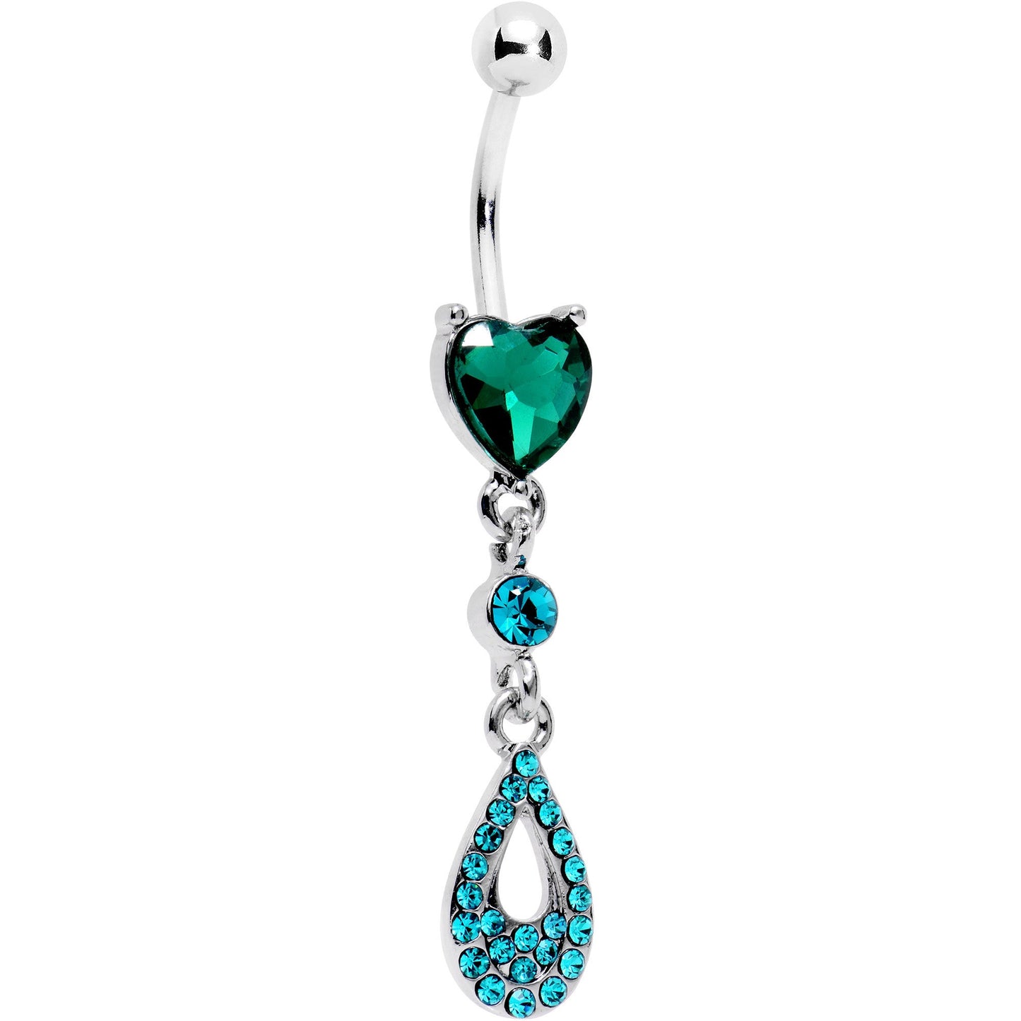 Green Aqua Gem Valentine Dew Drop Heart Dangle Belly Ring