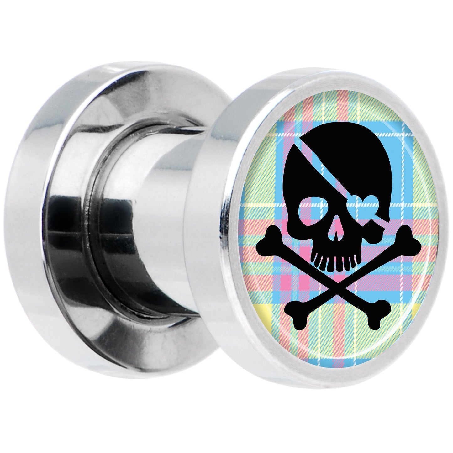 Pink Green Plaid Heart Skull Steel Screw Fit Plug Set 2G