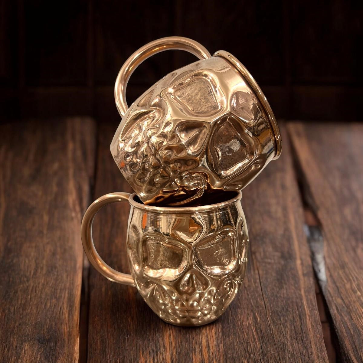 Set of Two Copper Skull (Day of the Dead) Shaped Mugs, Plain and Shiny Finish