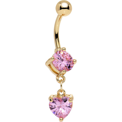 Pink Gem Gold Anodized Drop Me a Line Heart Dangle Belly Ring