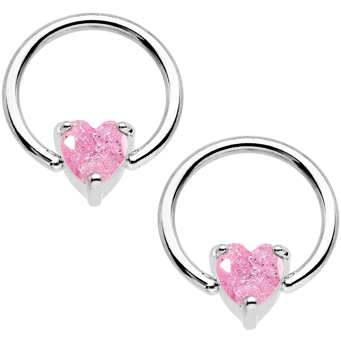 14G Pink CZ Gem Heart Captive Ring Barbell Nipple Ring Set
