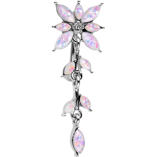 White Faux Opal Frosted Flower Trail Top Mount Dangle Belly Ring