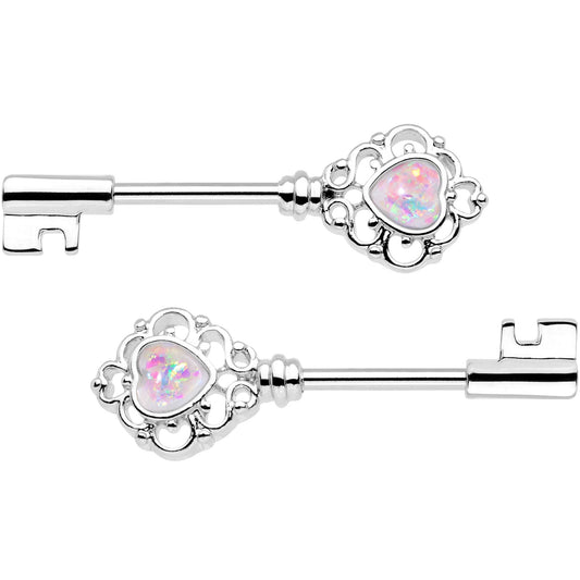 1/2 White Faux Opal Heart Key Barbell Nipple Ring Set