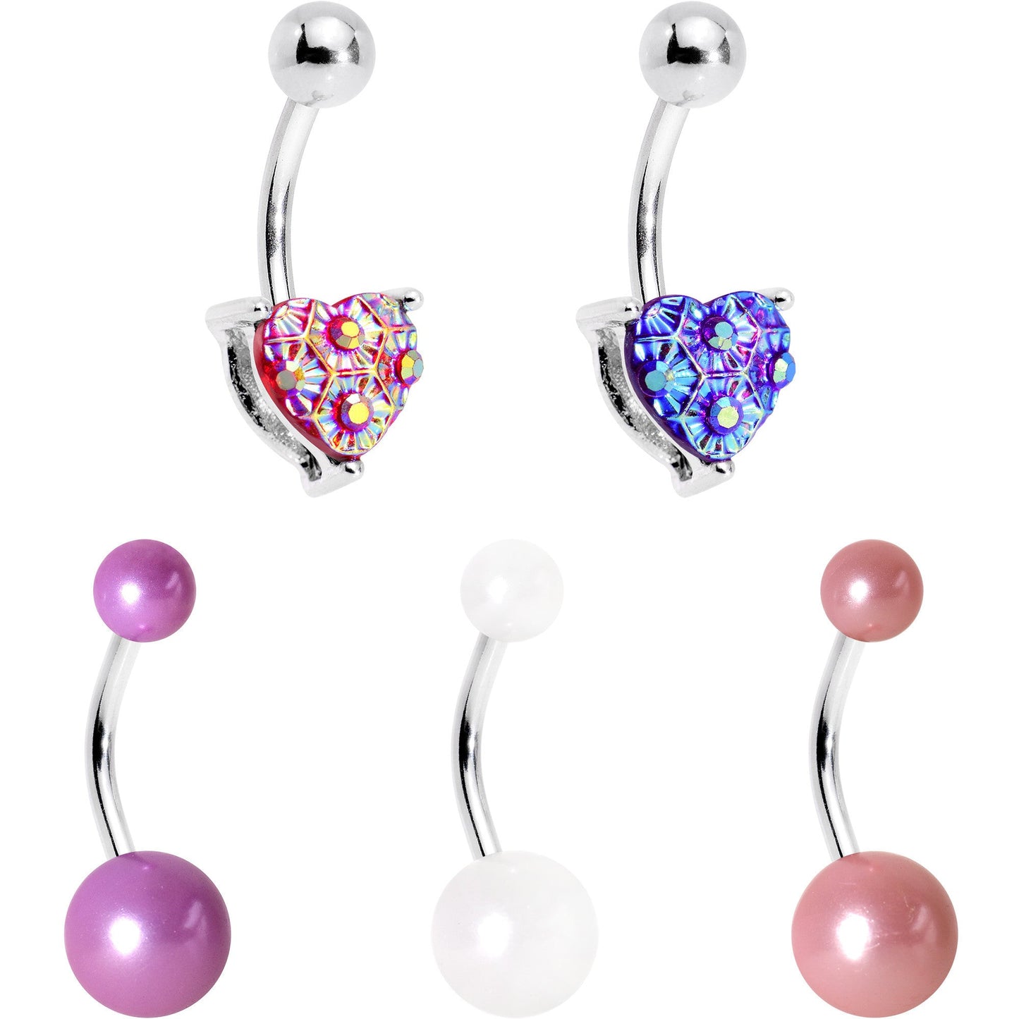 Pink Pastels and Purple Heart Orb Belly Ring Set of 5