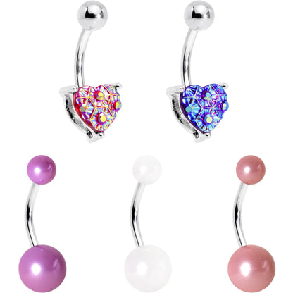 Pink Pastels and Purple Heart Orb Belly Ring Set of 5
