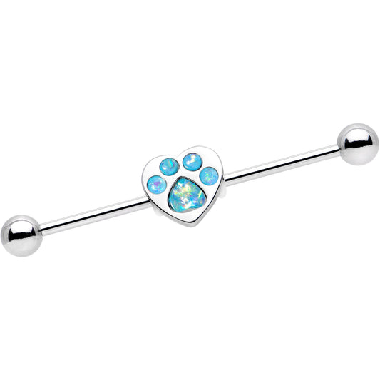 14G Blue Faux Opal Paw Print Heart Industrial Barbell 38mm